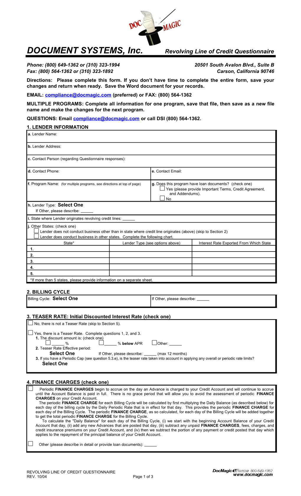 DOCUMENT SYSTEMS, Inc. Revolving Line of Credit Questionnaire