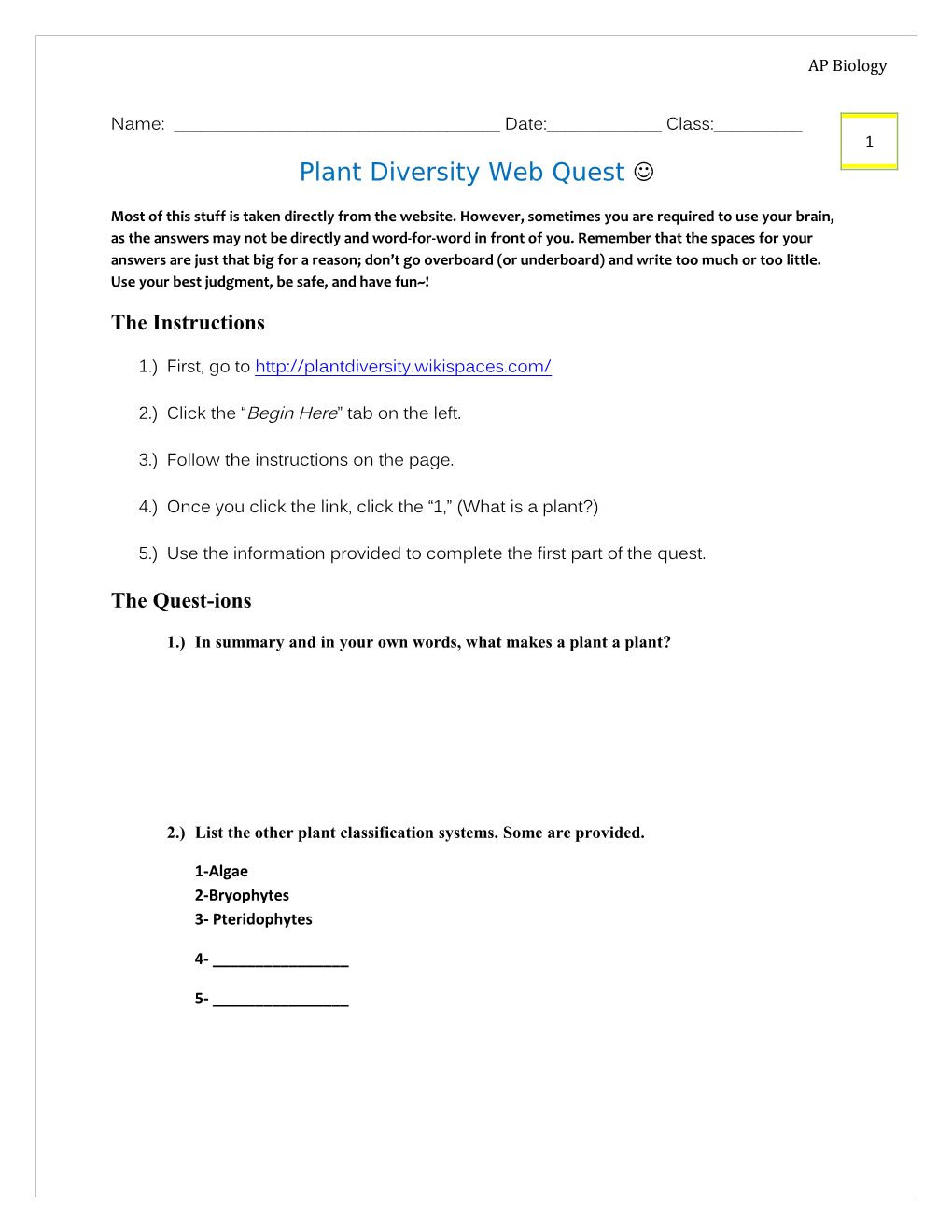 Plant Diversity Web Quest J