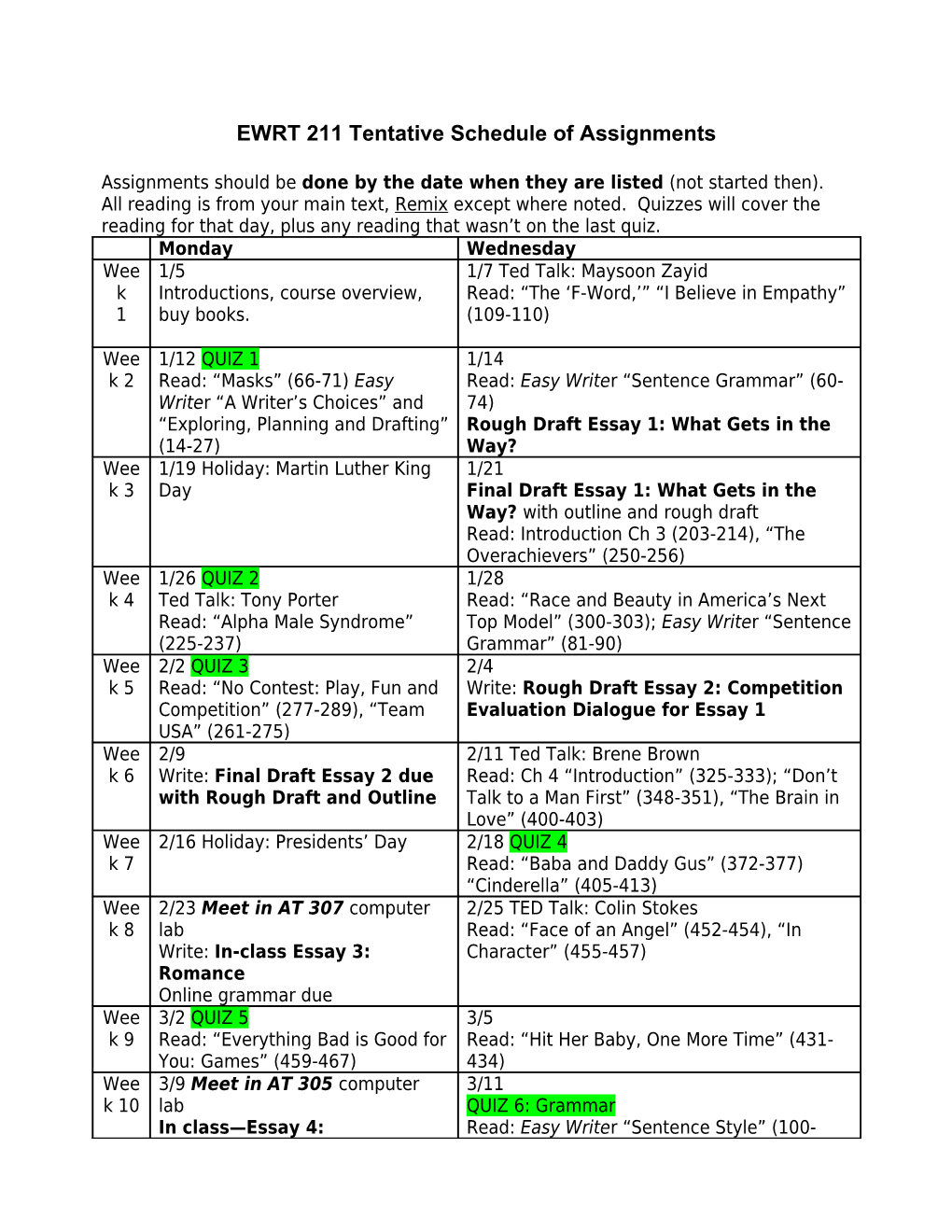 EWRT 100B Tentative Schedule of Assignments