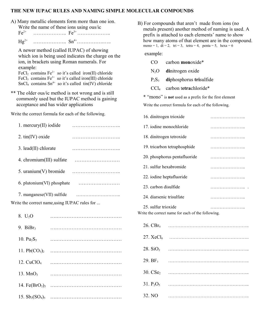 The New Iupac Rules and Naming Simple Molecular Compounds