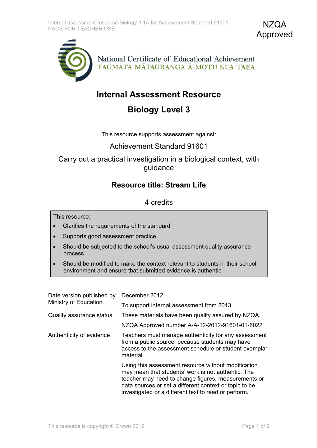 Level 3 Biology Internal Assessment Resource