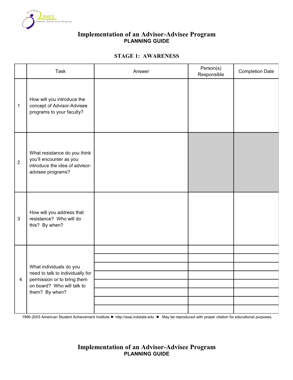 Implementation of an Advisor-Advisee Program