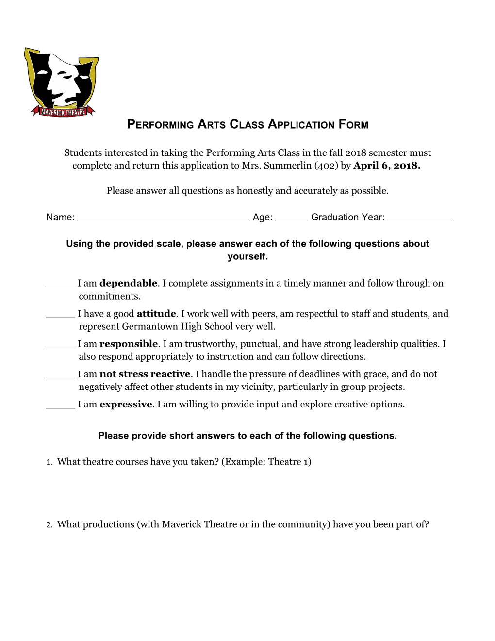 Performing Arts Class Application Form