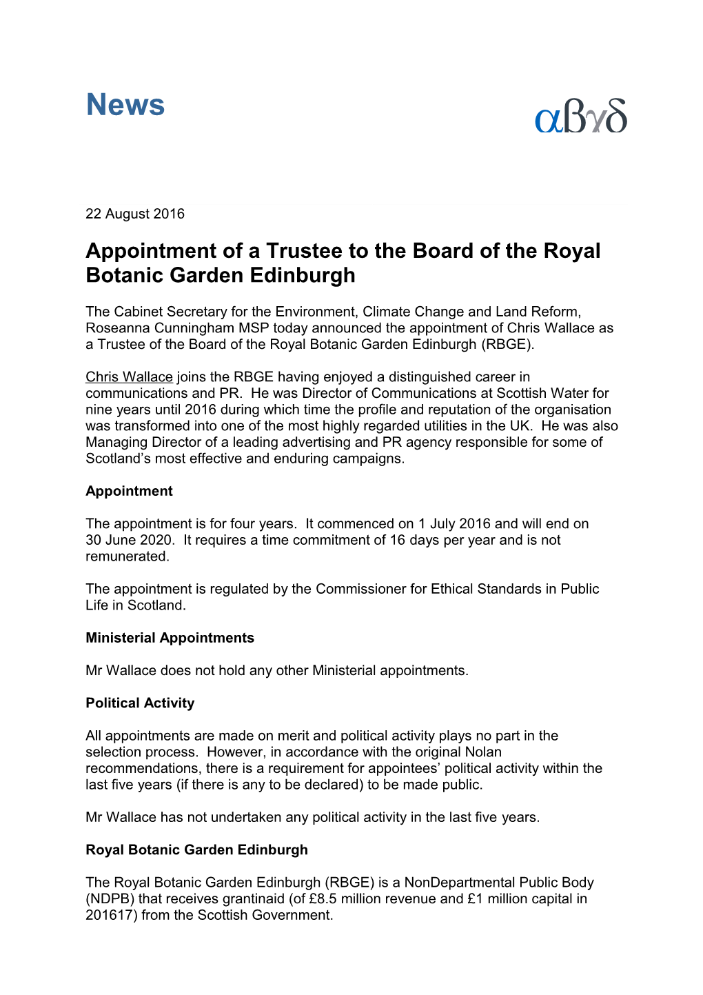 Appointment of a Trustee to the Board of the Royal Botanic Garden Edinburgh