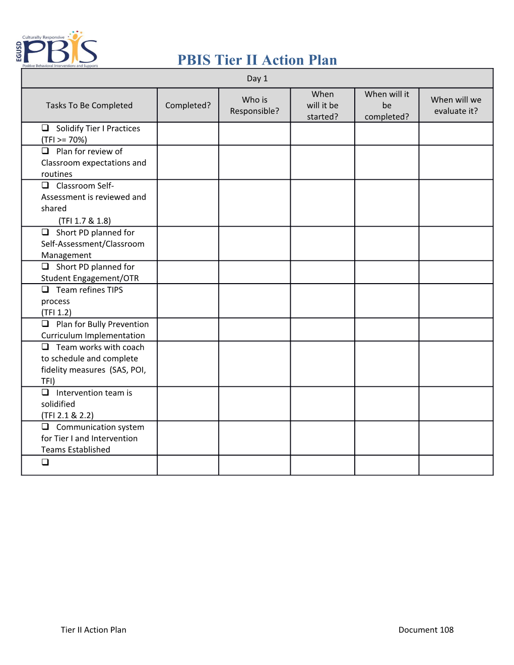 PBIS Tier II Action Plan