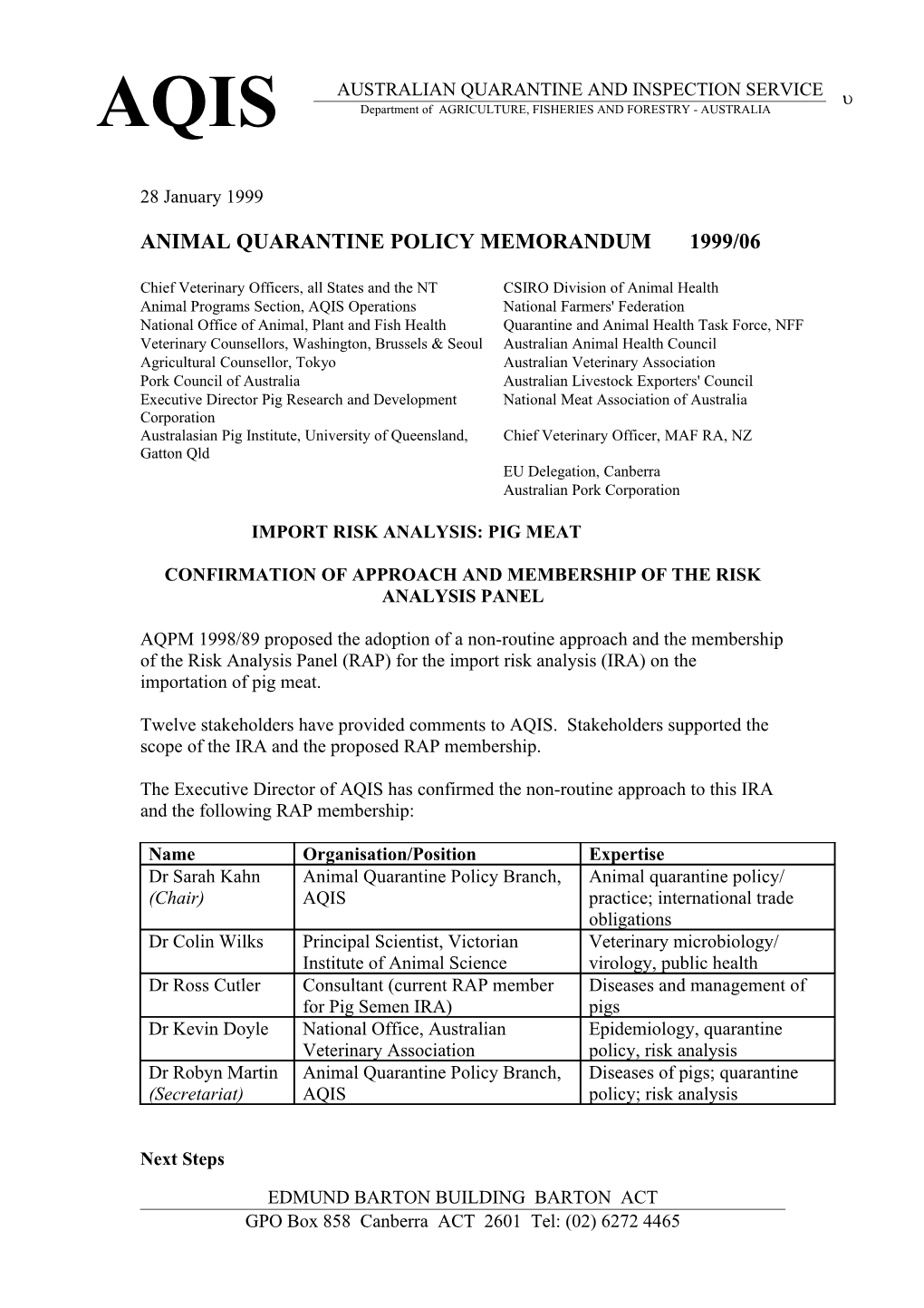Animal Quarantine Policy Memorandum 1999/06