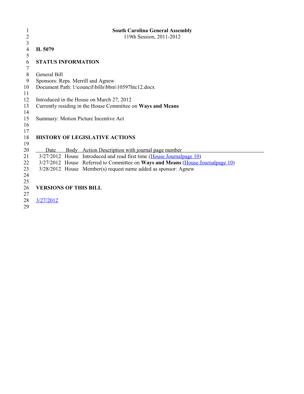 2011-2012 Bill 5079: Motion Picture Incentive Act - South Carolina Legislature Online