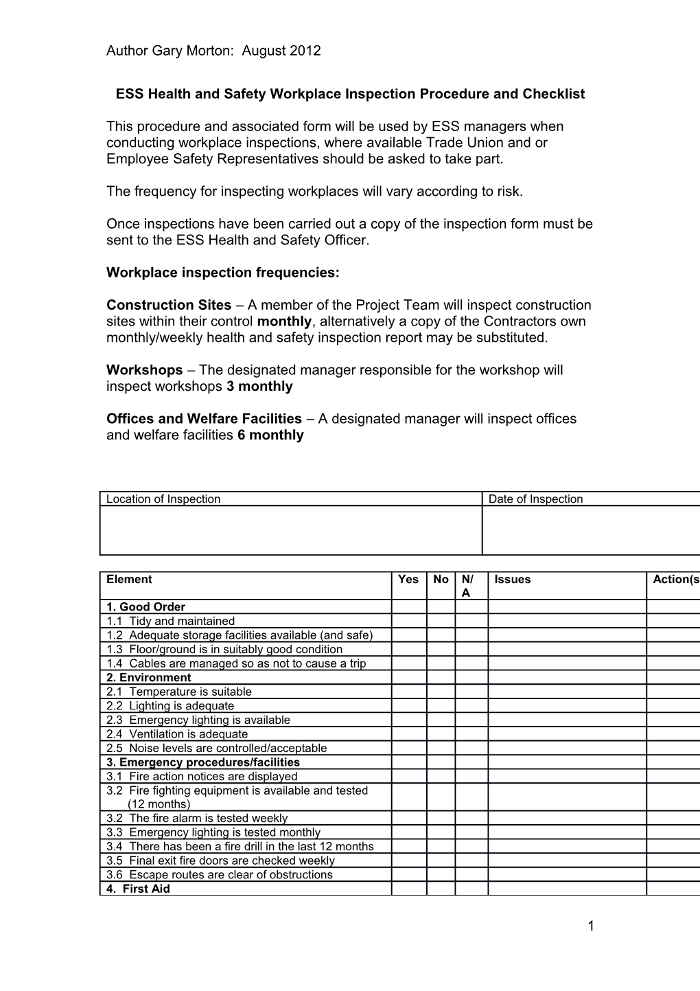 ESS Health and Safety Workplace Inspection Procedure and Checklist