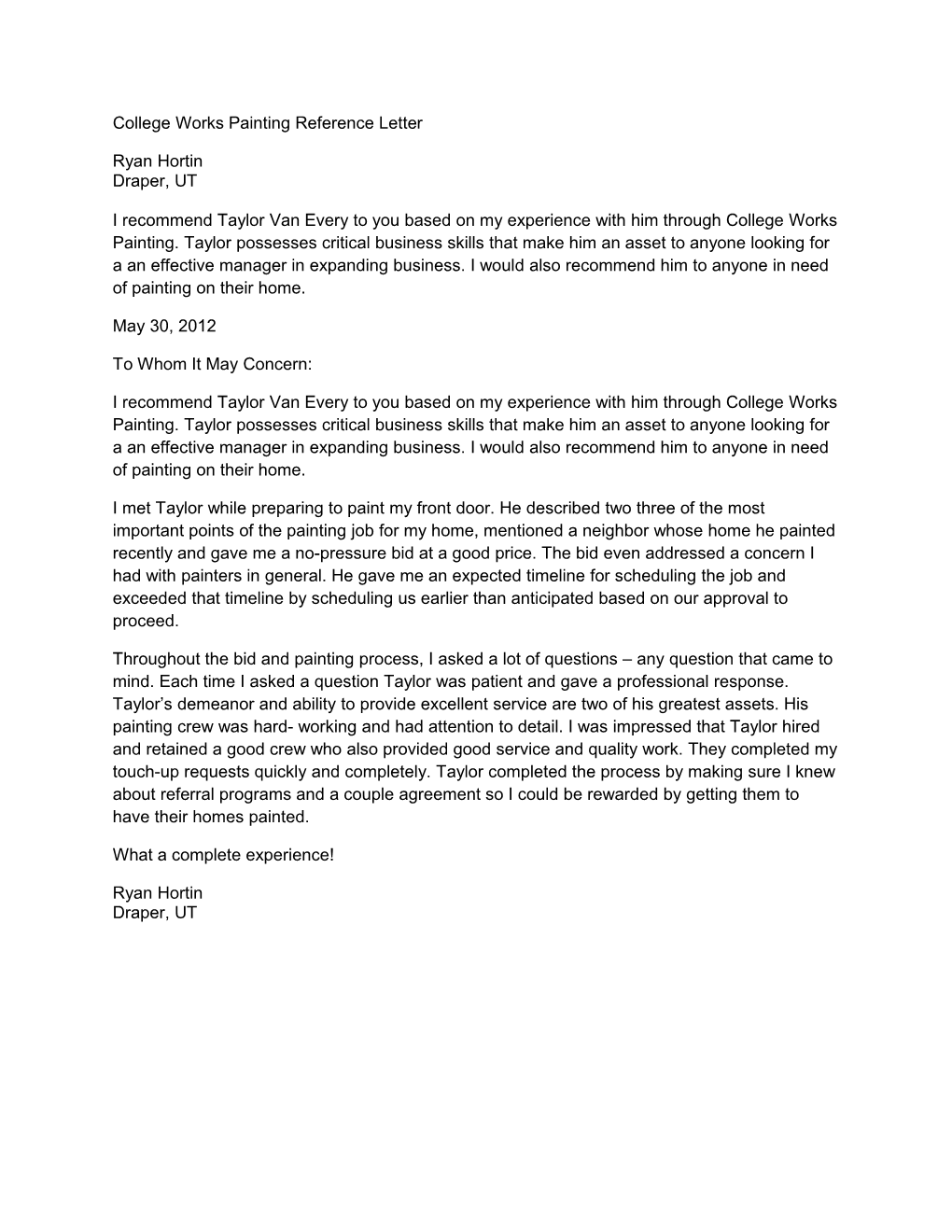 College Works Painting Reference Letter