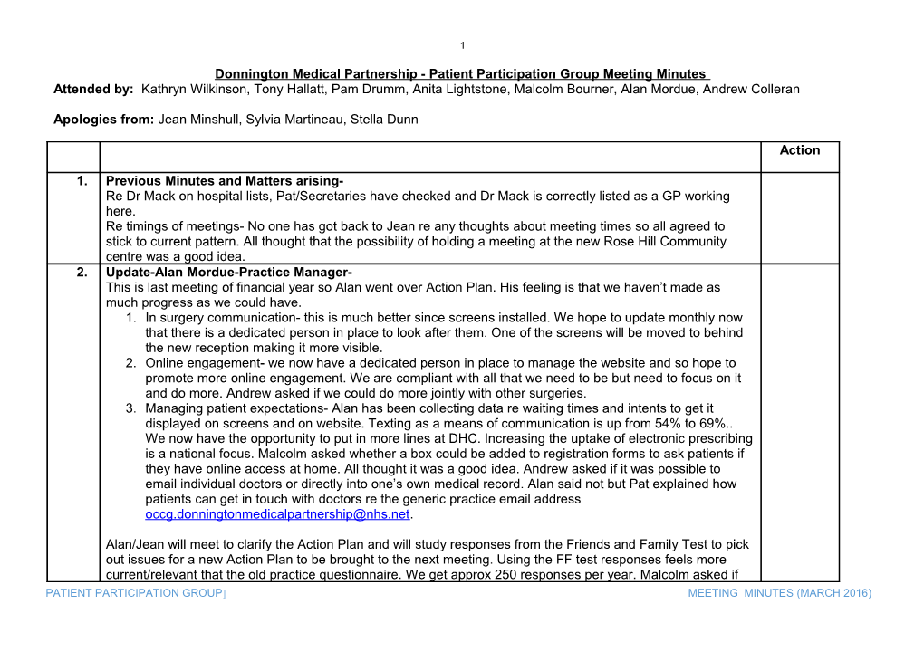 Donnington Medical Partnership - Patient Participation Group Meeting Minutes
