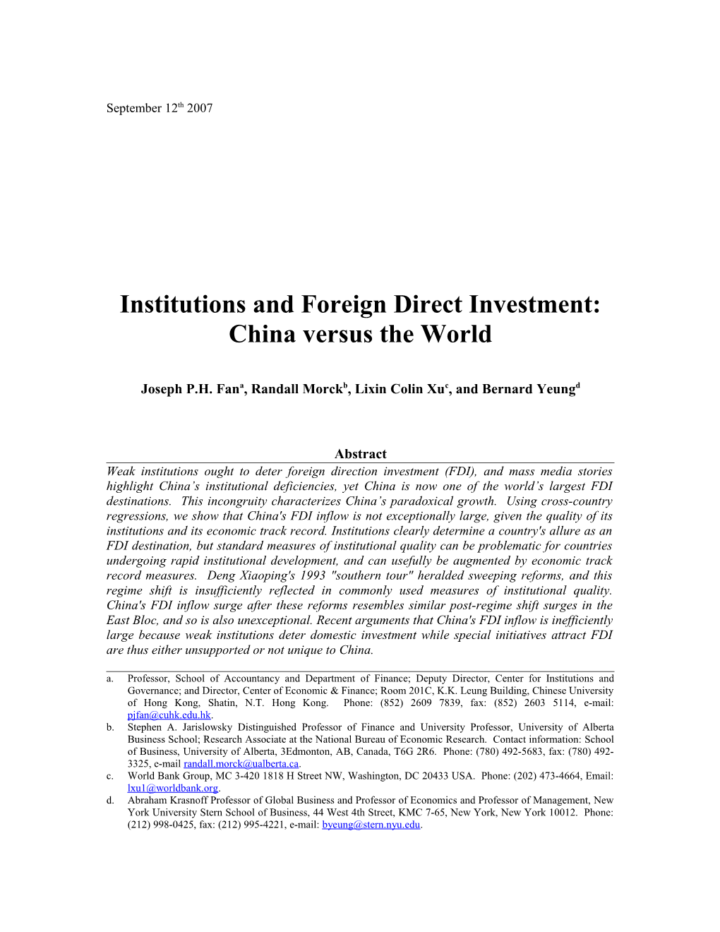 Institutions and Foreign Direct Investment: China Versus the World