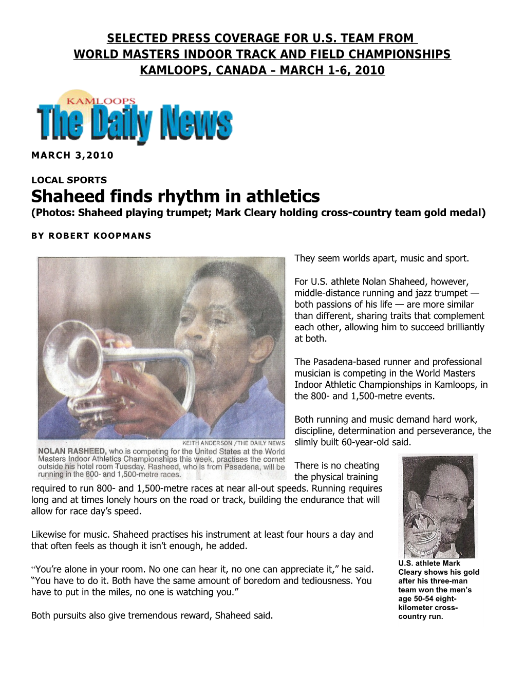 Selected Press Coverage for U.S. Team from World Masters Indoor Track and Field Championships