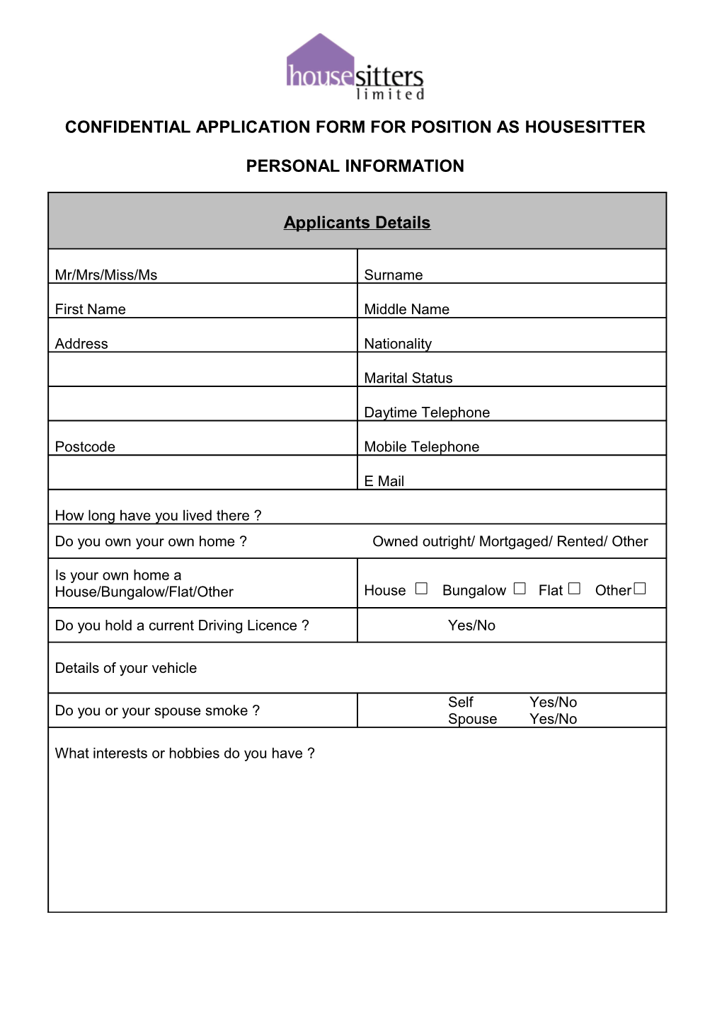 Confidential Application Form for Position As Housesitter