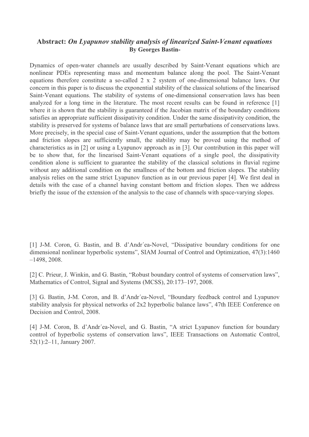 Abstract: on Lyapunov Stability Analysis of Linearized Saint-Venant Equations