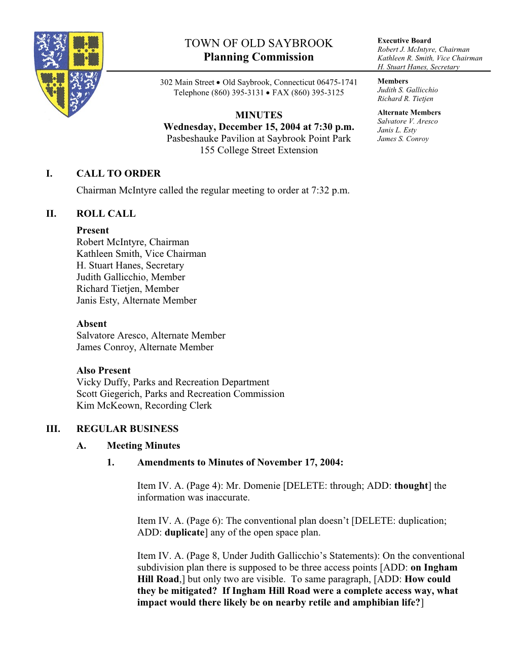 Old Saybrook Planning Commission Meeting Agenda December 15, 2004