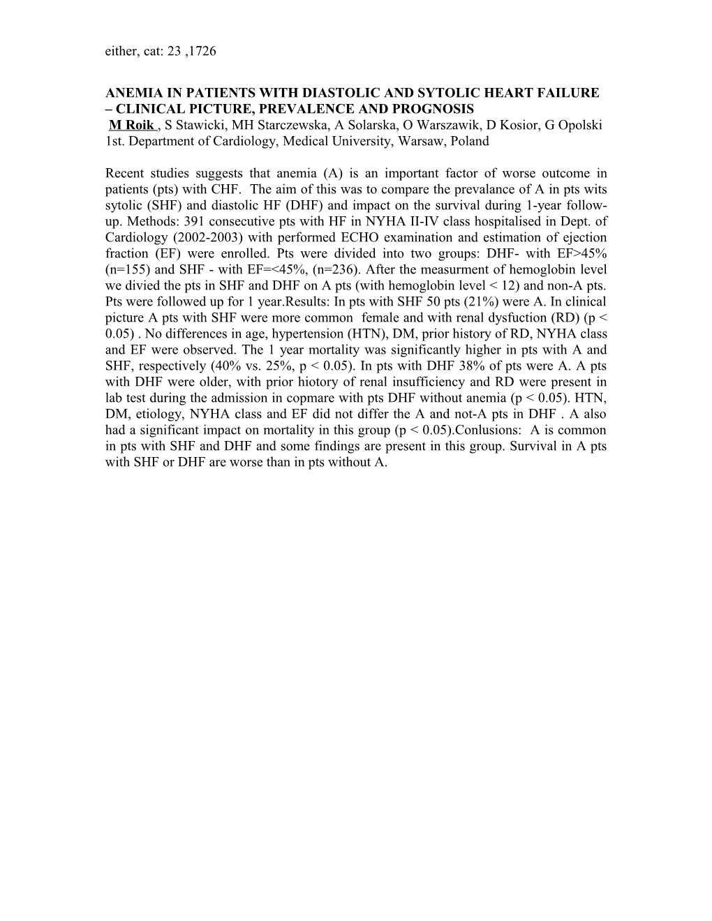 Anemia in Patients with Diastolic and Sytolic Heart Failure Clinical Picture, Prevalence