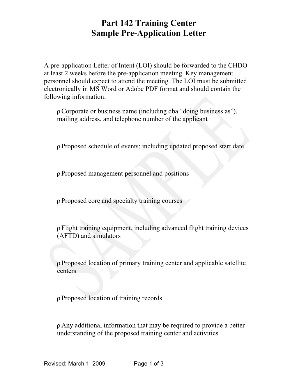 Part 142 Training Center SAMPLE PREAPPLICATION LETTER of INTENT