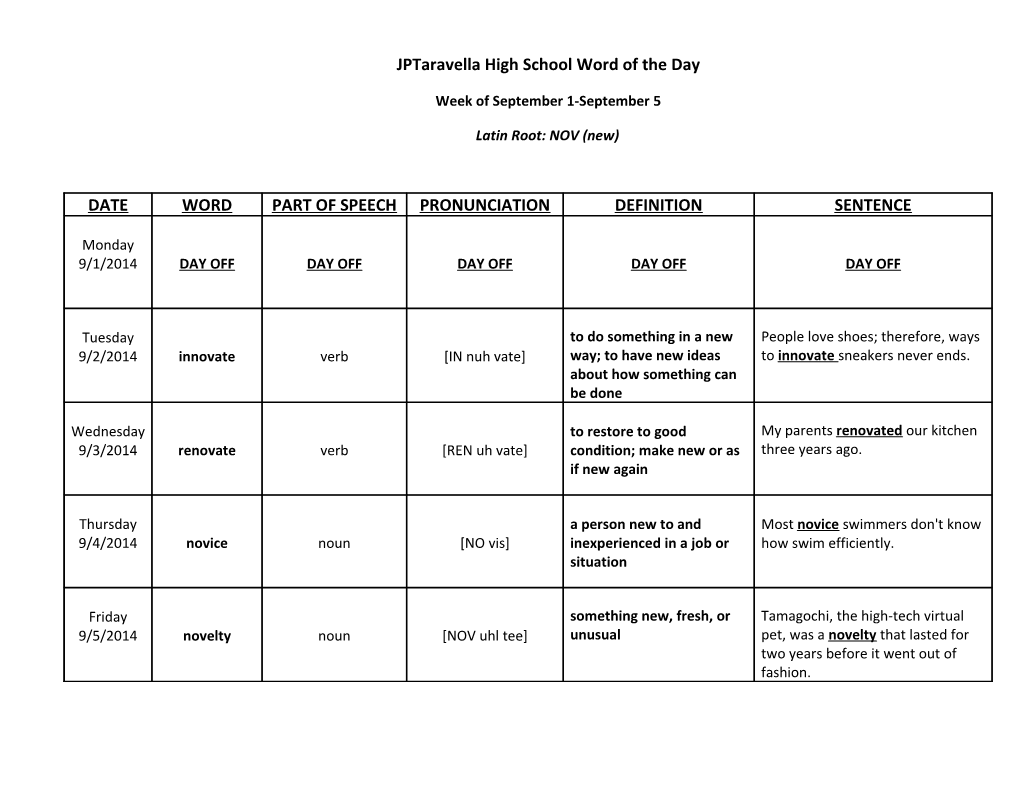 Jptaravella High School Word of the Day