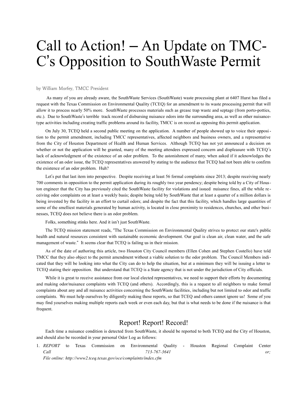 Call to Action! an Update on TMCC S Opposition to Southwaste Permit