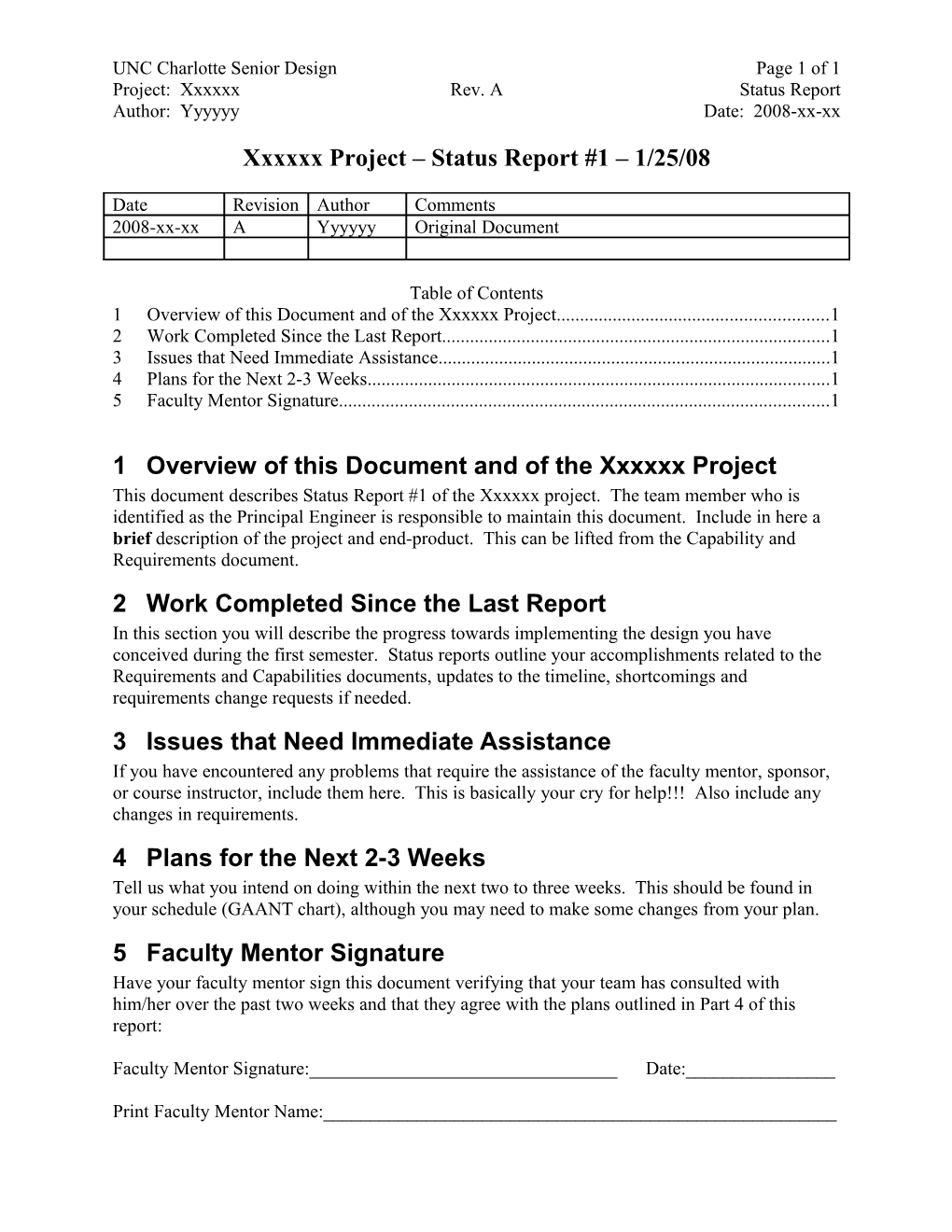 Xxxxxx Project Status Report