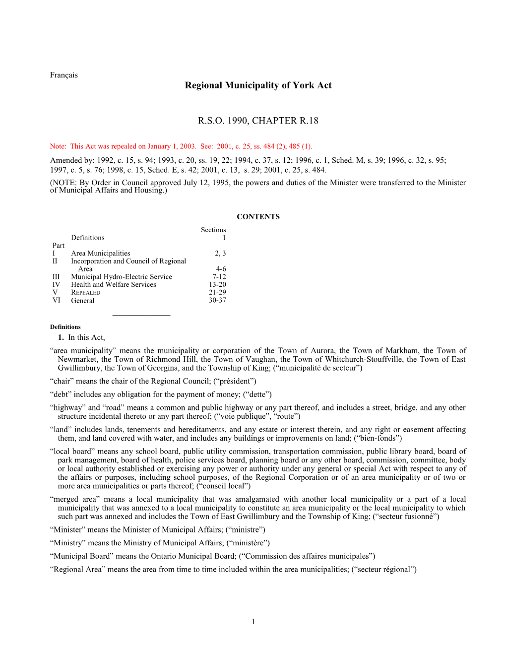 Regional Municipality of York Act, R.S.O. 1990, C. R.18