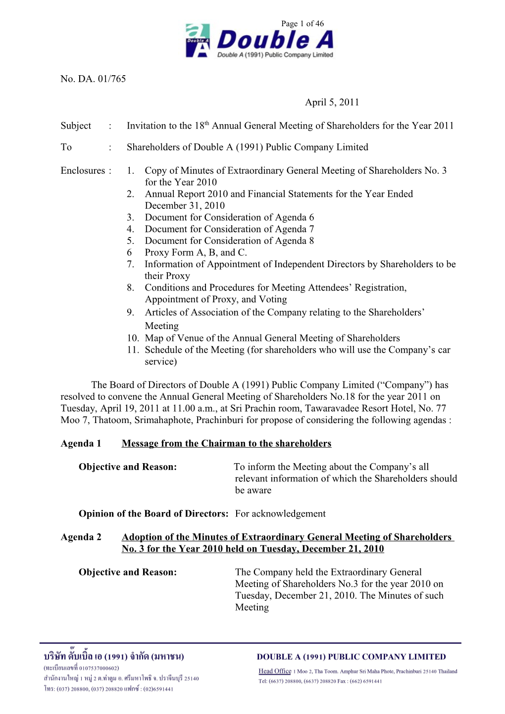 Subject : Invitation to the 18Th Annual General Meeting of Shareholders for the Year 2011
