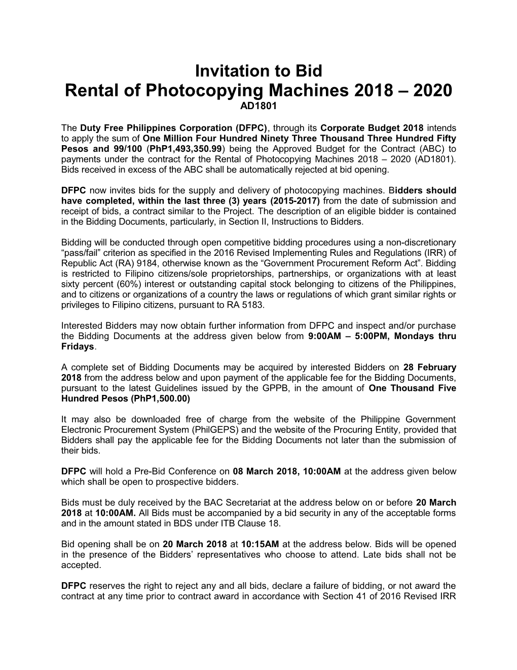 Rental of Photocopying Machines 2018 2020