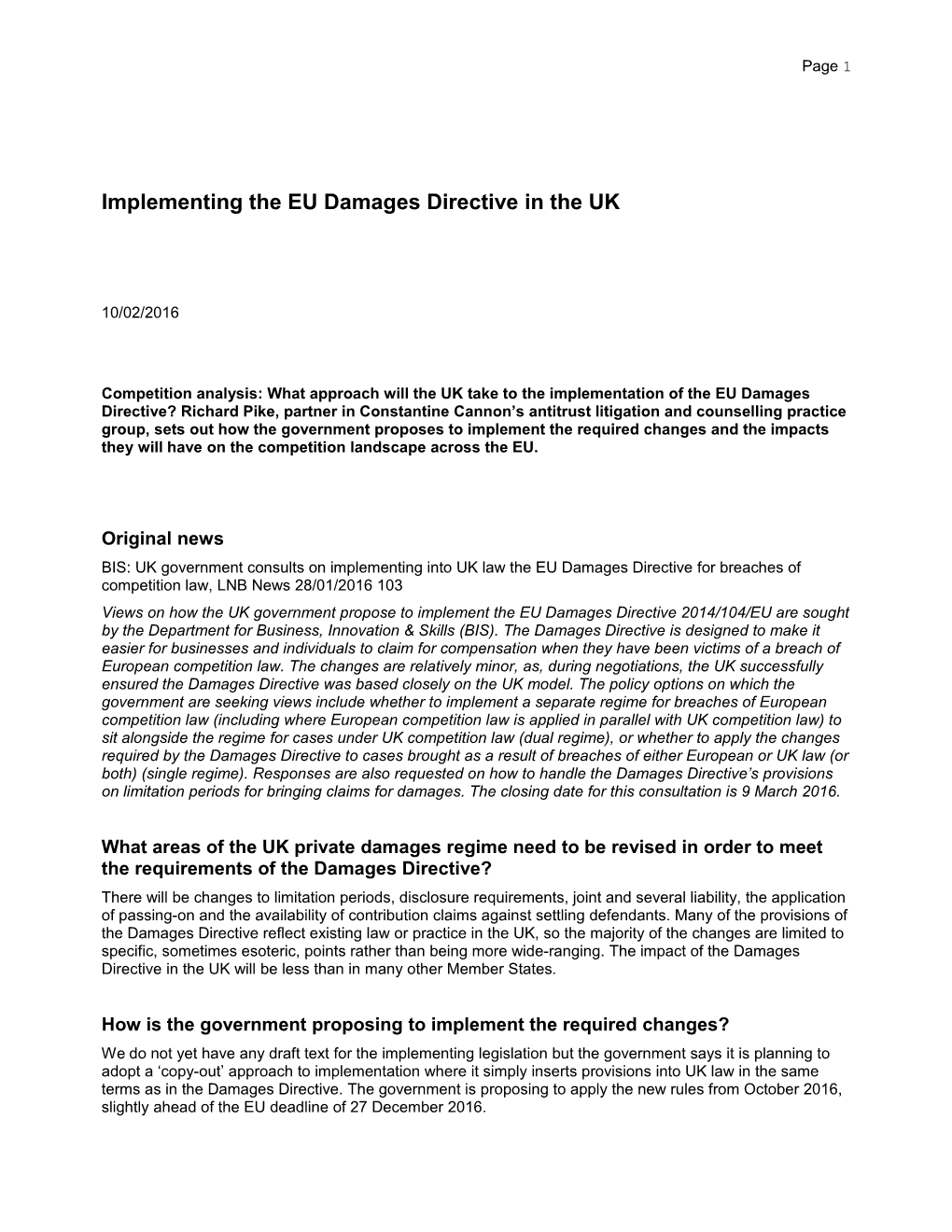 Implementing the EU Damages Directive in the UK