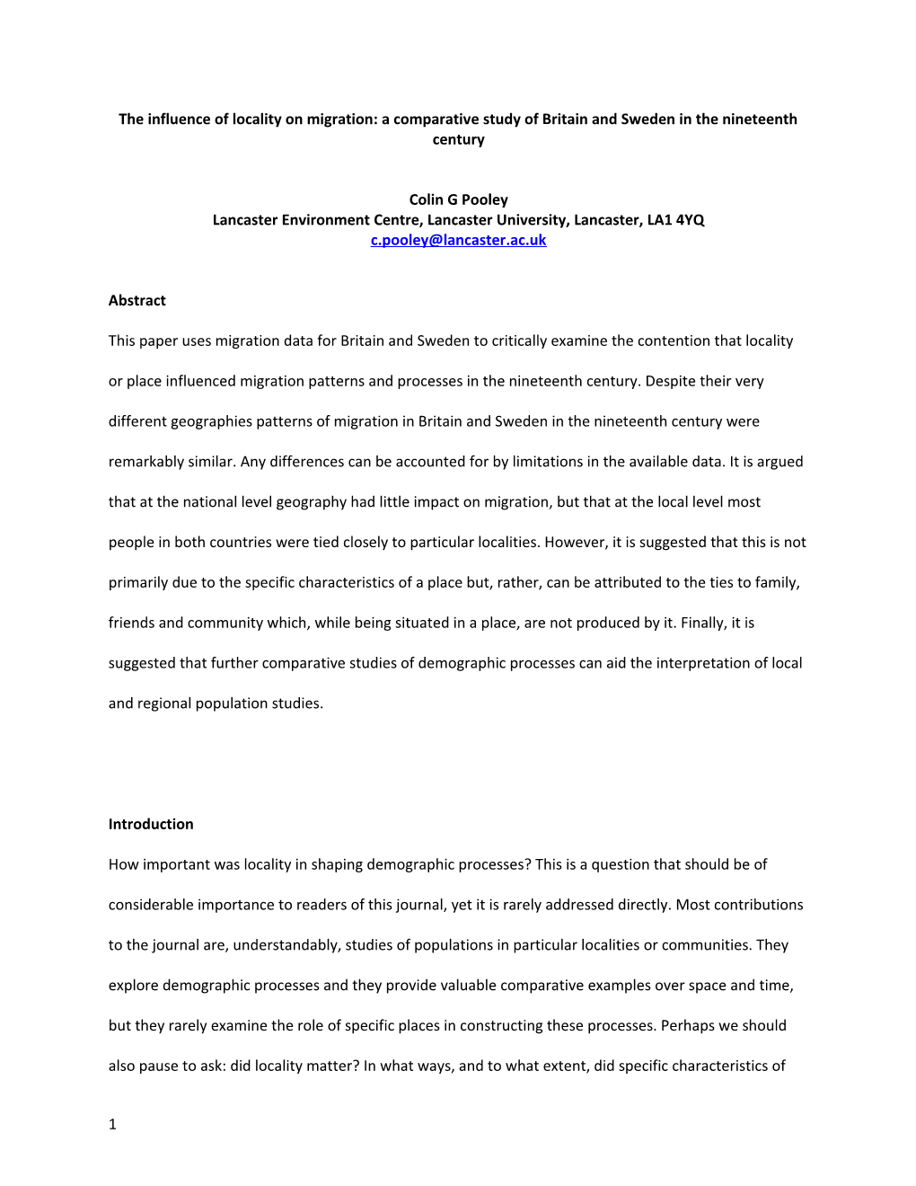 The Influence of Locality on Migration: a Comparative Study of Britain and Sweden in The