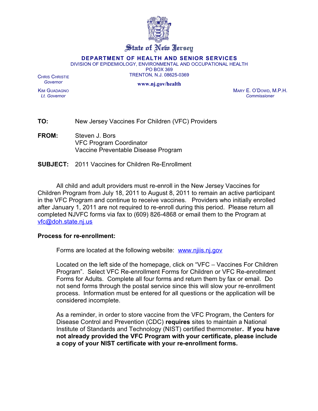 DHSS Letterhead, PO 369, Epidemiology, Environmental and Occupational Health