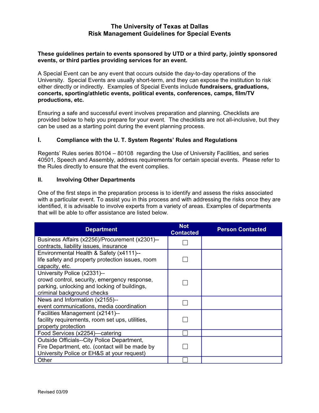 Risk Management Guidelines for Special Events