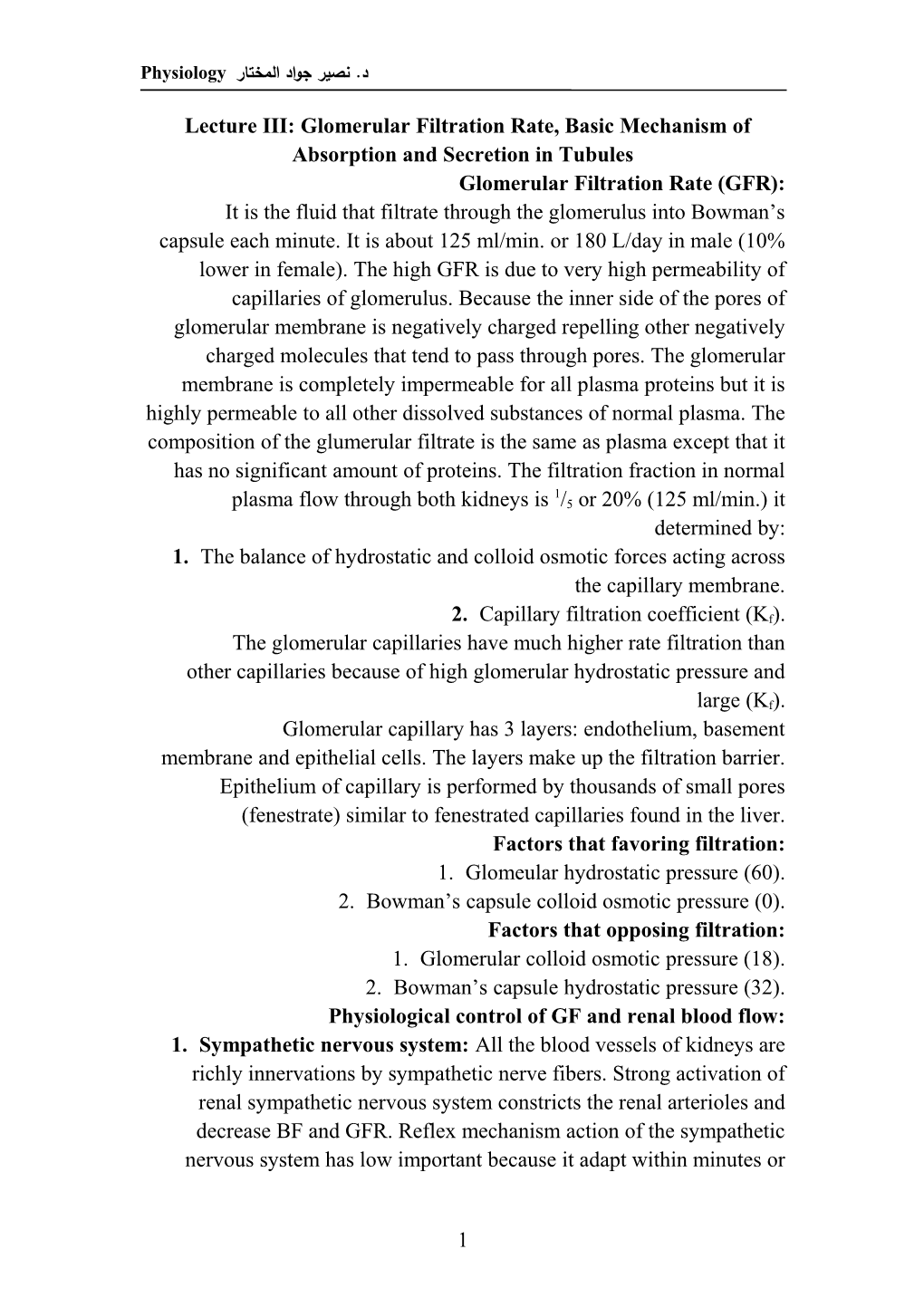 Lecture III: Glomerular Filtration Rate, Basic Mechanism of Absorption and Secretion In