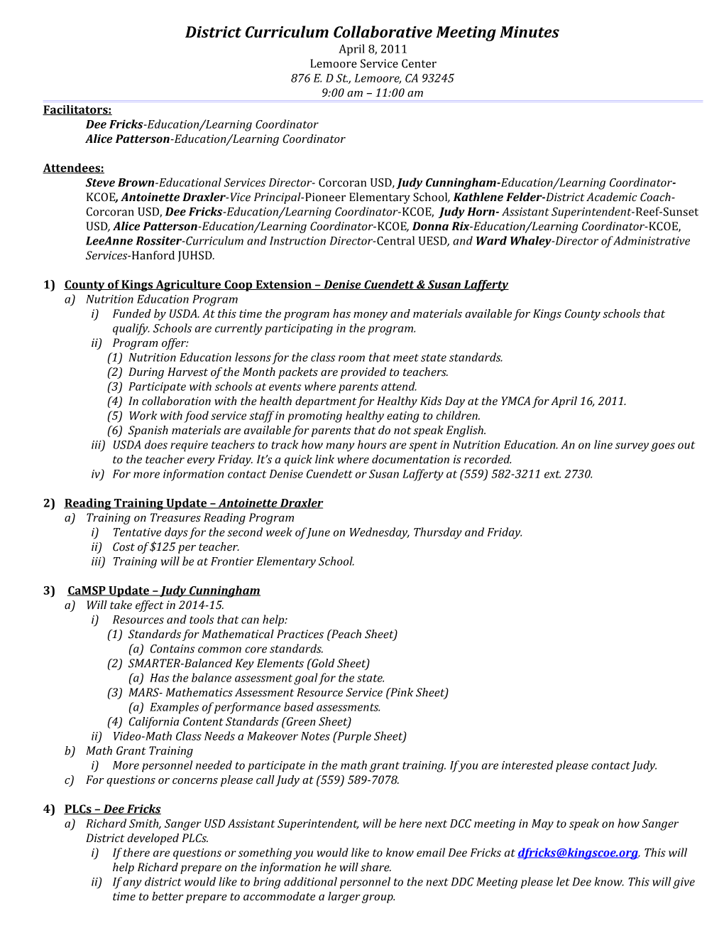 District Curriculum Collaborative Meeting Minutes