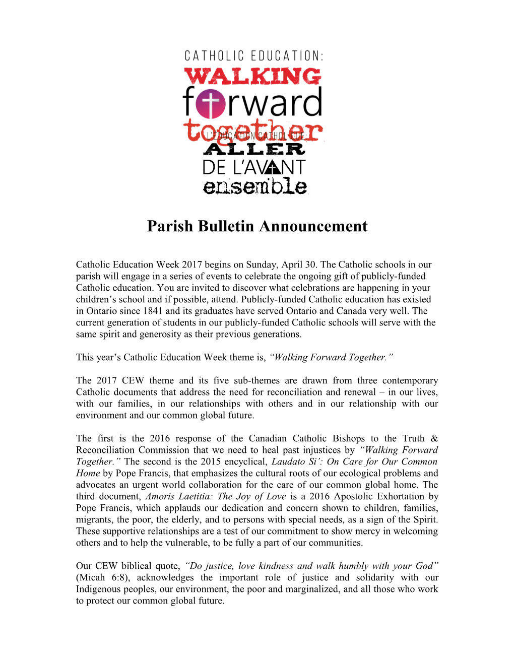 Parish Bulletin Announcement