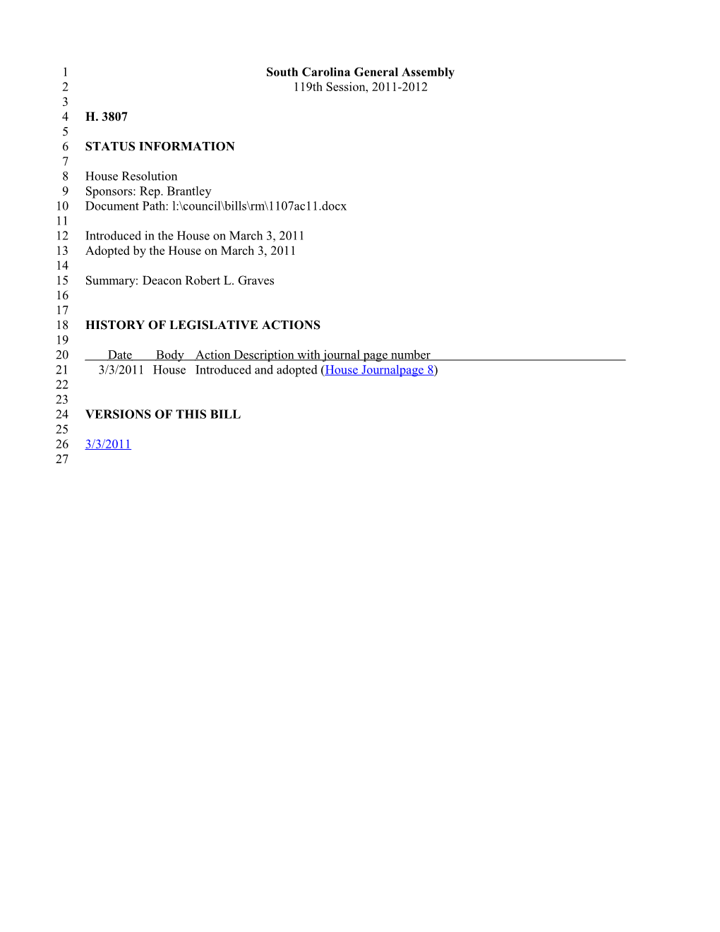 2011-2012 Bill 3807: Deacon Robert L. Graves - South Carolina Legislature Online