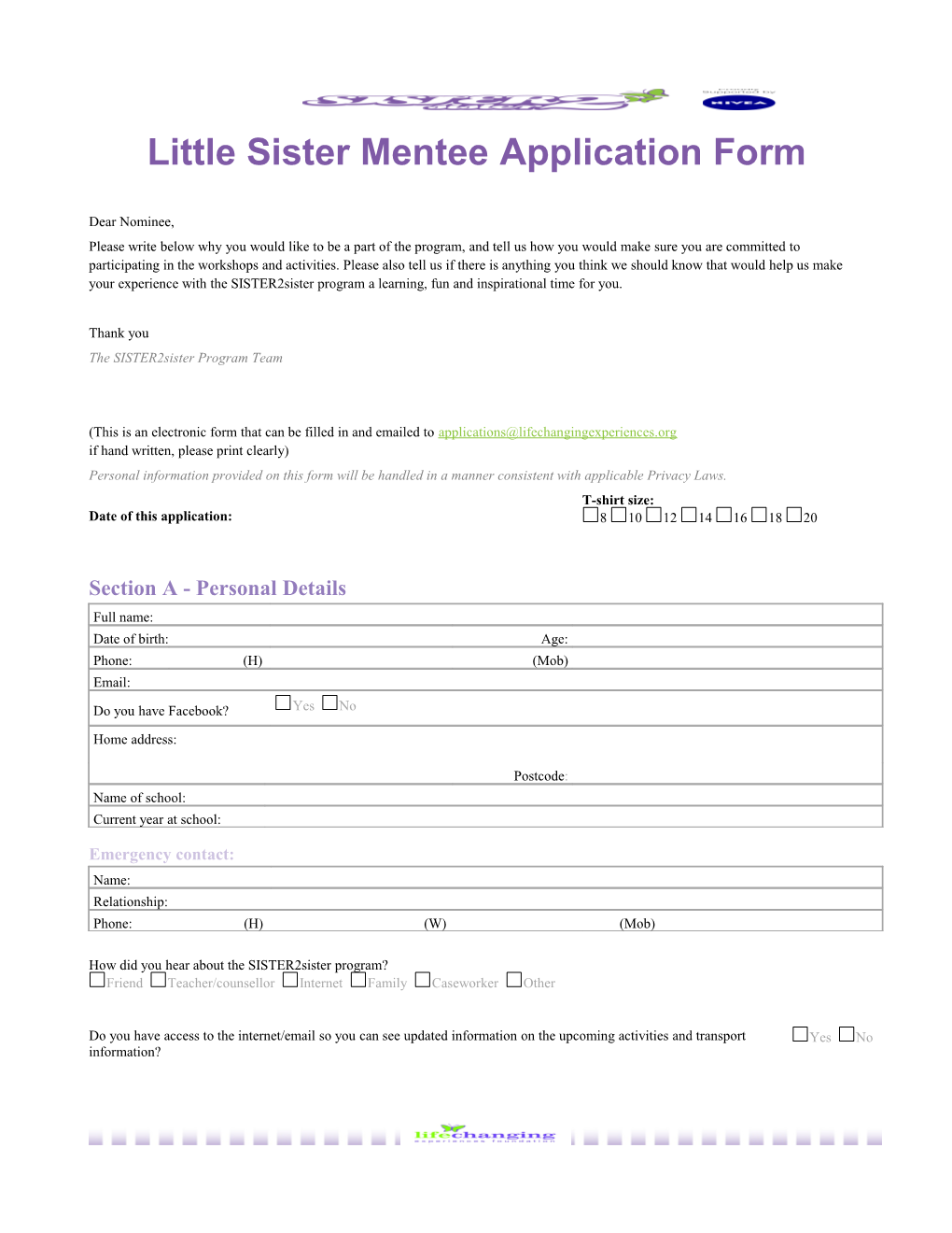 Little Sister Mentee Application Form