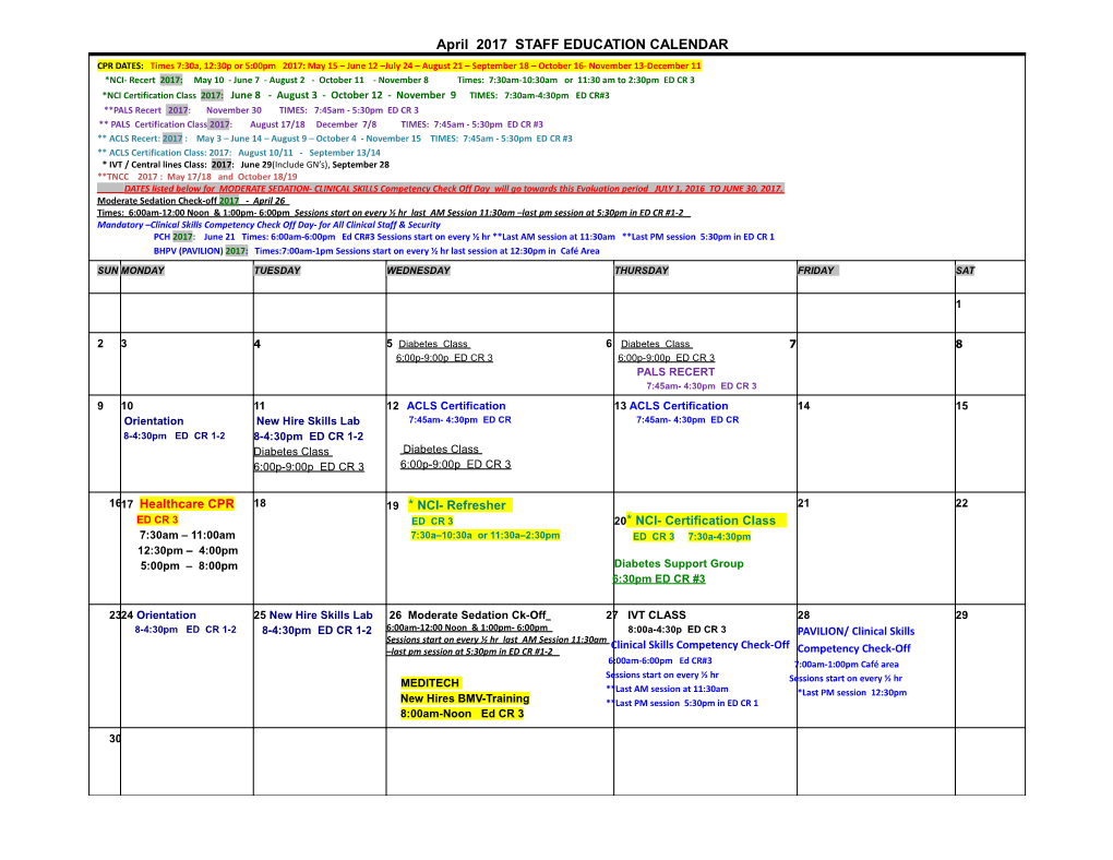 April 2017 STAFF EDUCATION CALENDAR