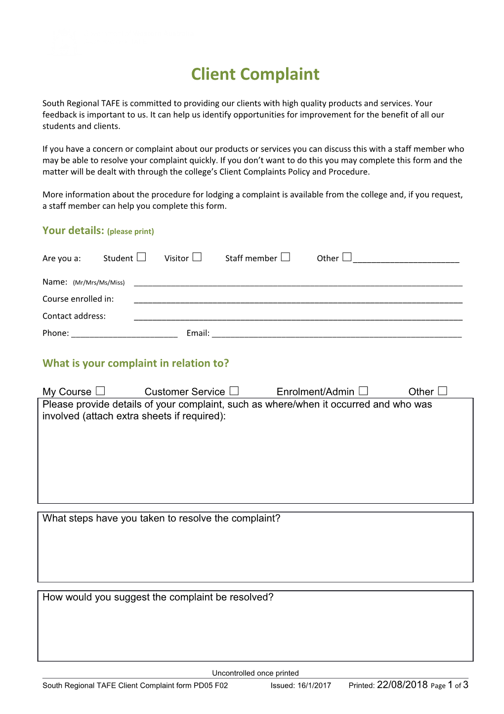 Form: Client Complaint