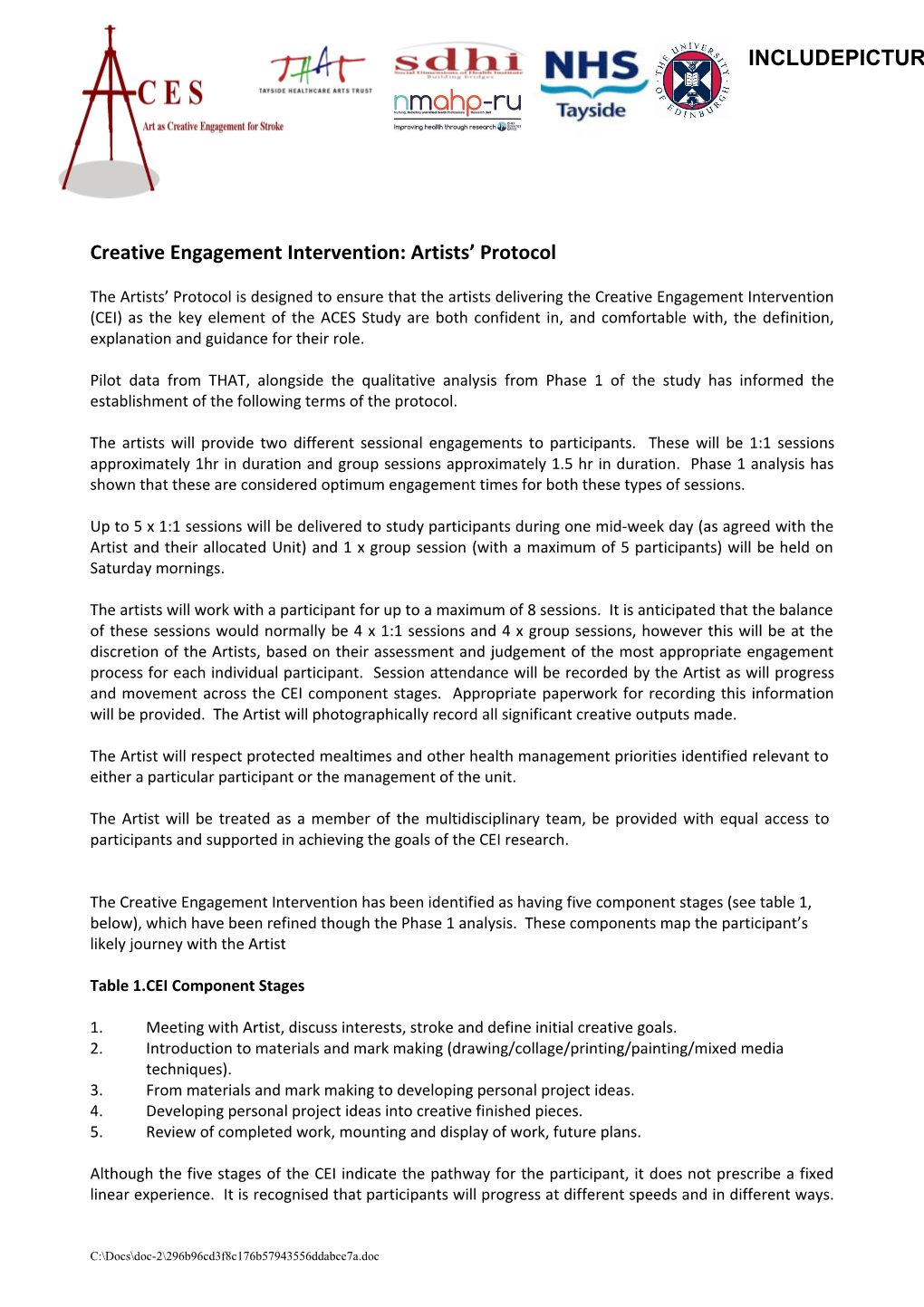 Creative Engagement Intervention: Artists Protocol