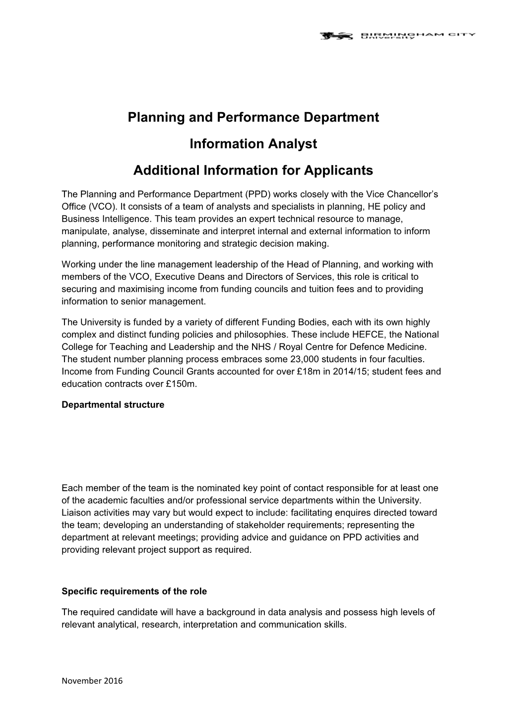 Planning and Performance Department