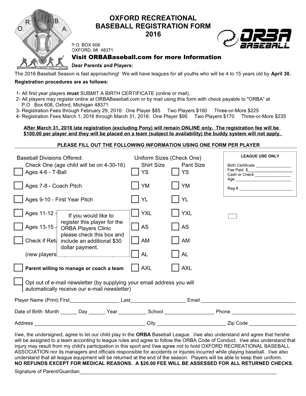 2016 ORBA Registration Form