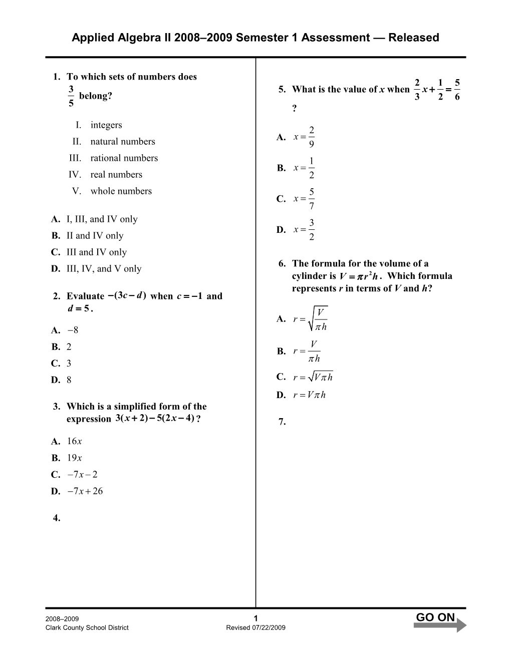 Applied Algebra II 2008 2009 Semester 1 Assessment Released