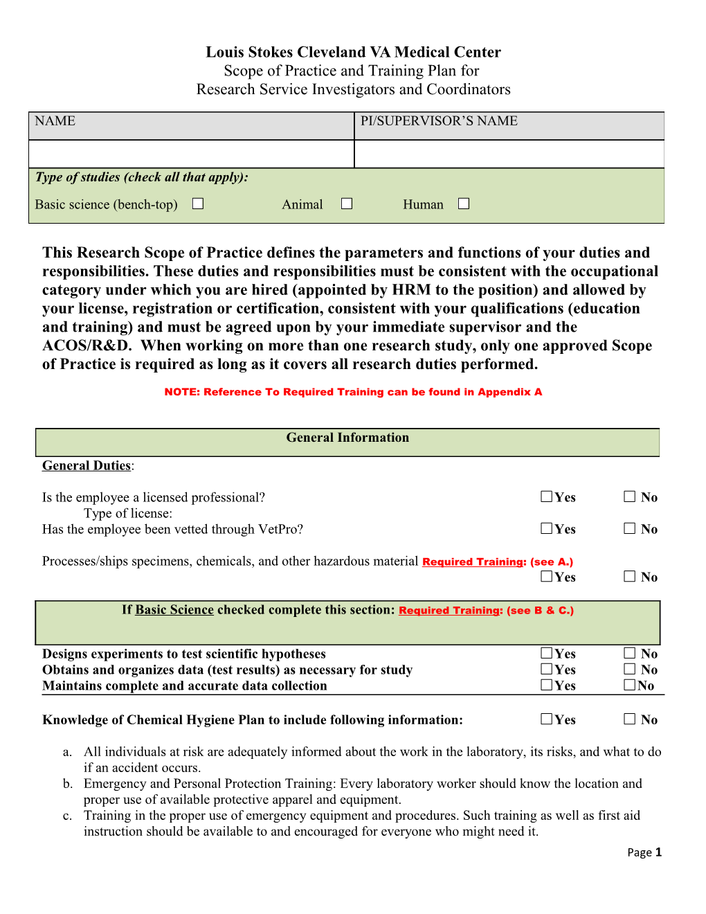 Scope of Practice and Educational Plan for Research Service Investigators and Coordinators