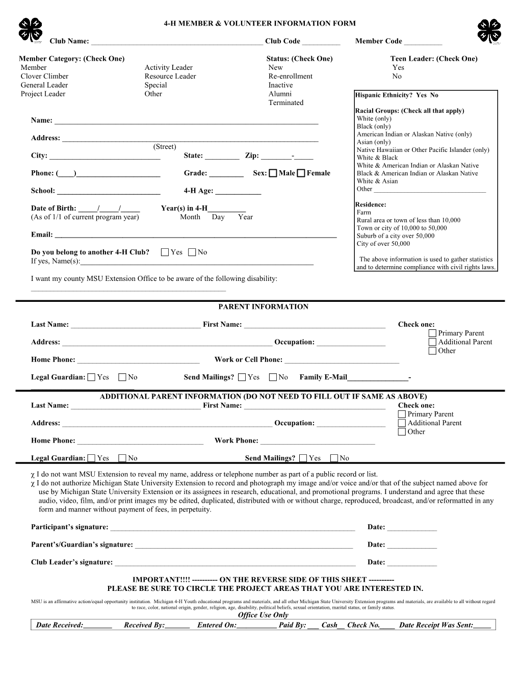 4-H Member Information Form - Oakland County