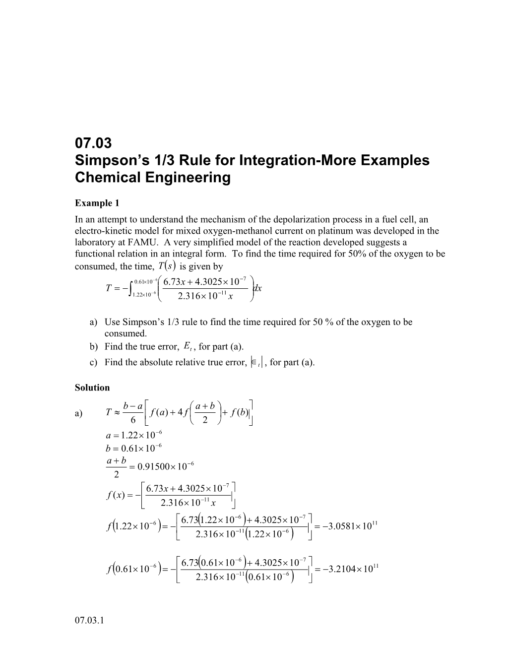 Simpson S 1/3 Rule for Integration-More Examples: Chemical Engineering