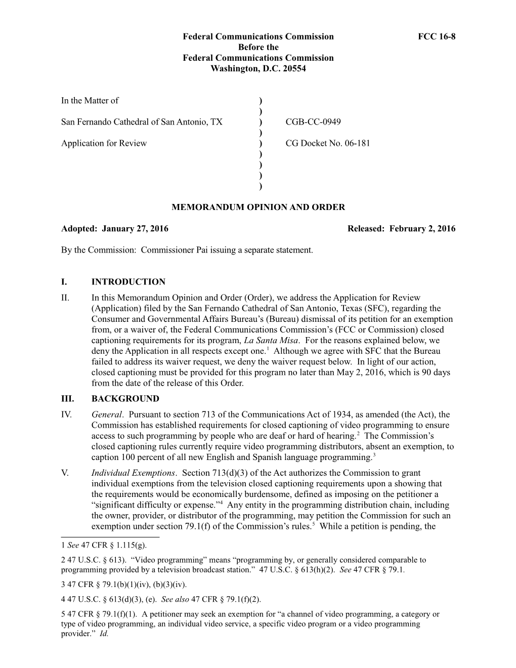 Federal Communications Commission FCC 16-8