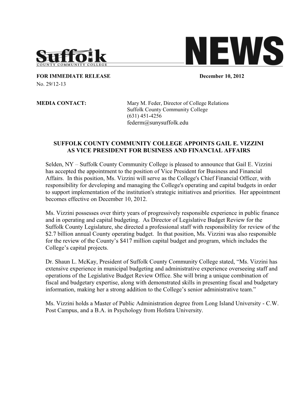 Suffolk County Community College Appoints Gail E. Vizzini