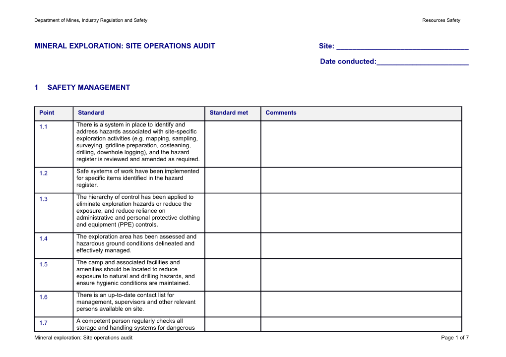 Mineral Exploration Site Operations - Audit Template