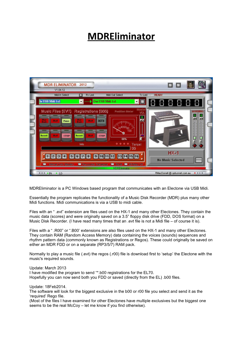 Mdreliminator Is a PC Windows Based Program That Communicates with an Electone Via USB Midi