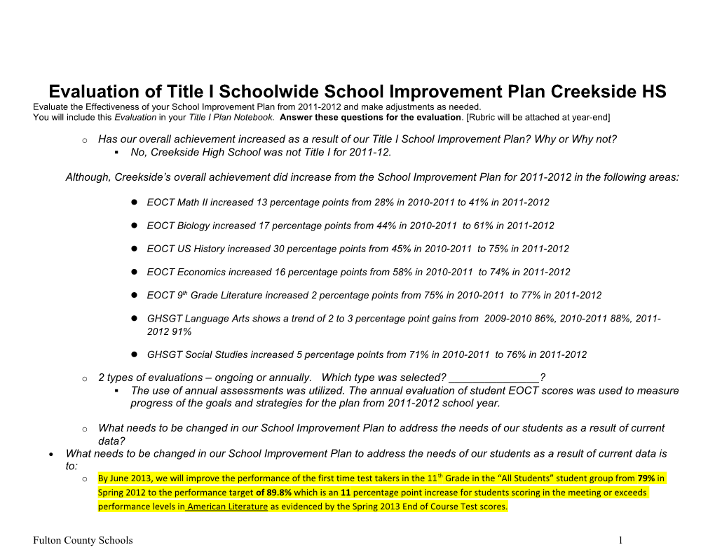 Evaluation of Title I Schoolwide School Improvement Plan Creekside HS